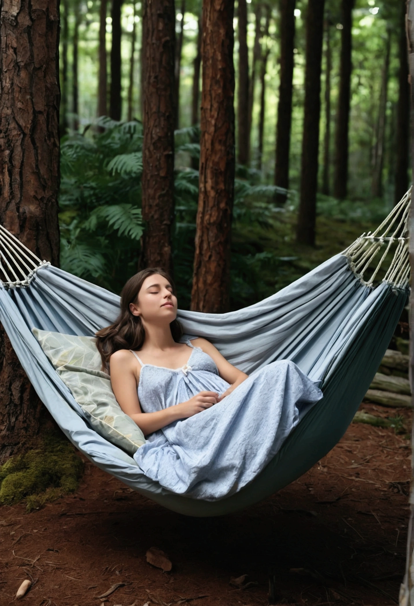 masterpiece, High Resolution, girl,Sleeping in a hammock, Nightgown, (A woman who loves traveling), forest, wood, mount, tent, picnic, adventure
