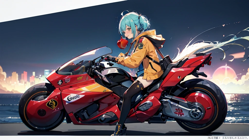 Wearing a souvenir jacket、woman、Eating an apple、Night Port、Embarrassed expression、Motorcycles of the future、masutepiece、The color of the bike is yellow、 light blue hair, ear blush, full blush, 顔をはっきりと描いて, 海の見える港, anime, cinematic lighting, UHD, highres, best quality, 8k