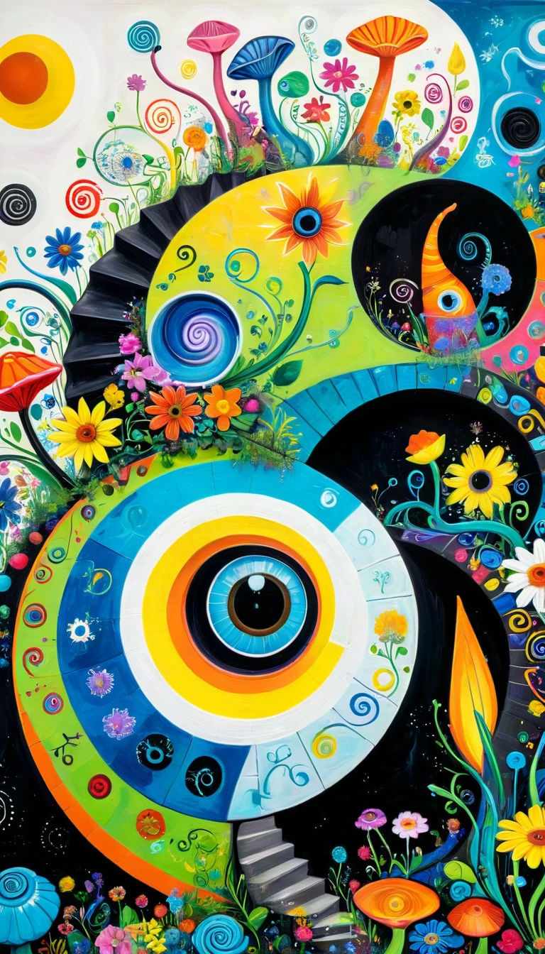 Children's graffiti,Thick coating,Concave and convex texture,Oil pastel strokes:Colorful black,Dopamine color matching,Spiral snail shell、flowesh、spiral staircase、Tentacles、bird、(((Eye)))、diatom,Abstract mosaic painting,Describing the inner world of autistic people,Sense of space,White Space,interesting,Innocence,Psychedelic Art,Incorporating Picasso's artistic style