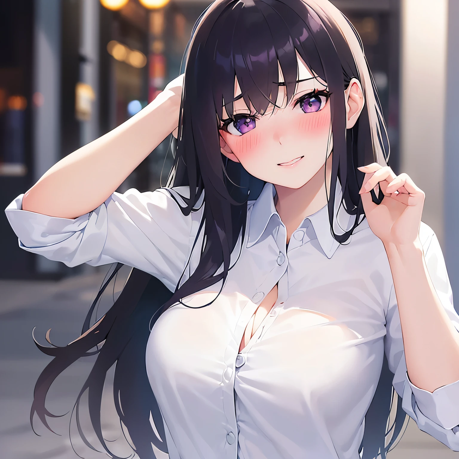 side angle, hand on own face、Biologically correct five fingers、Close-up of your face、head tilt, Cleavage、Realistic, real person, (pale skin: 1.2), RAW photo, photorealistic, shiny skin, shiny hair、(A 25-year-old woman with straight hair and bangs) and (medium hair) and (black hair) and (purple eyes) , (white) and (collared shirt)、smile, (blush:1.5), The background is a shopping street at night、Alone、Are standing