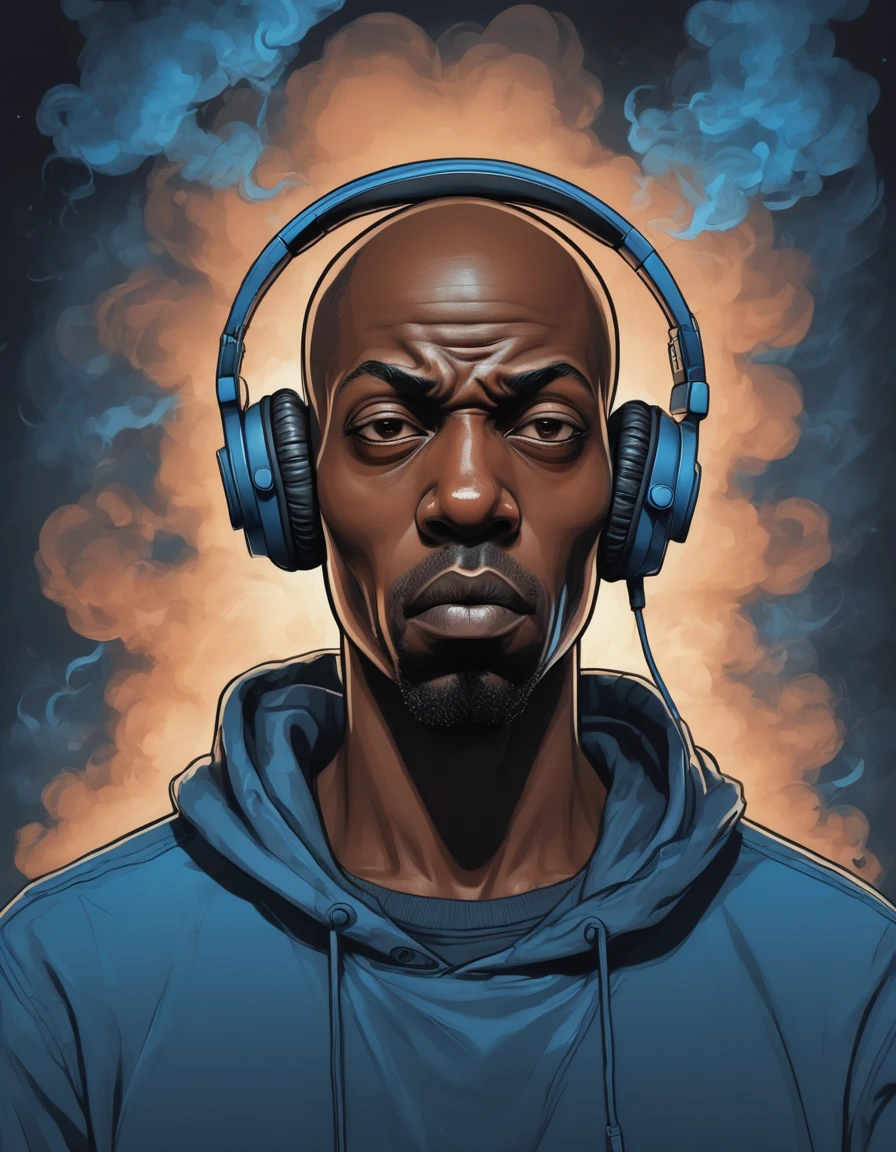 breathtaking vector cartoon illustration of shawt a black man ,wearing headphones, in a room full of smoke ,Anastomosing, Electric Blue, galactic, Ivan Albright, Sick, mean expression, twinkling eyes, and a bald head 