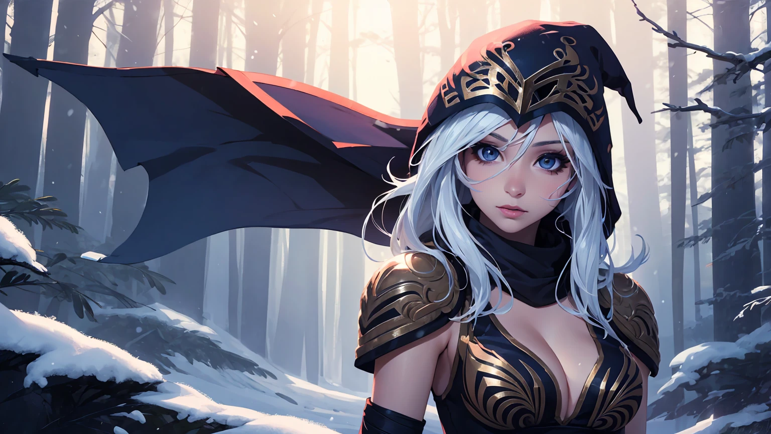 league of legends Ashe, warrior, (masterpiece, best quality), beautiful woman, soft light, outdoor snowy forest of pine trees, perfect face, beautiful face, perfect slim fit body, hoding a bow, (standing), abstract background, bright colors, medium breasts, (solo), sexy