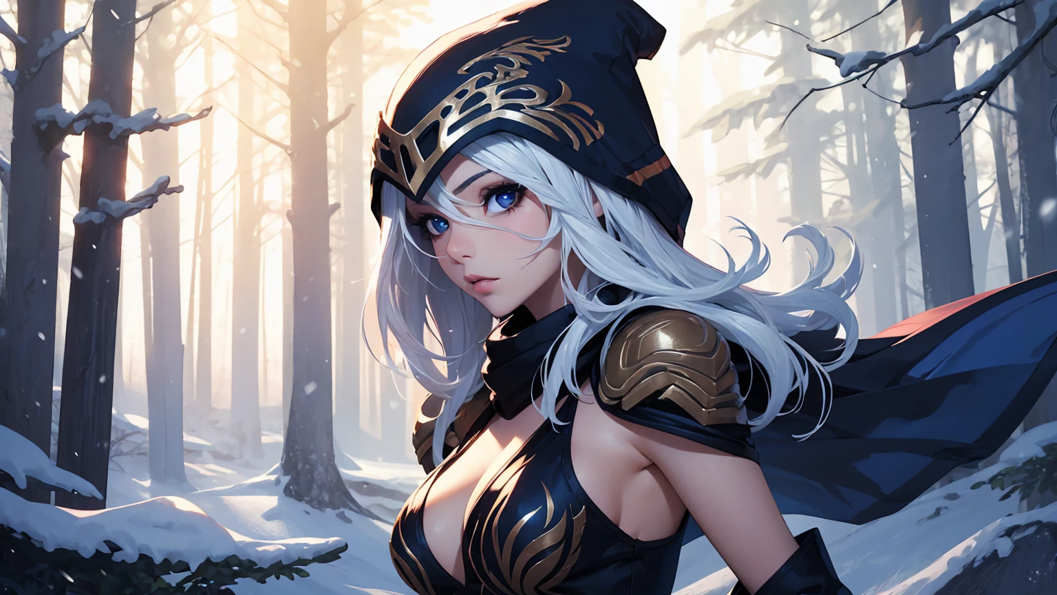 league of legends Ashe, warrior, (masterpiece, best quality), beautiful woman, soft light, outdoor snowy forest of pine trees, perfect face, beautiful face, perfect slim fit body, hoding a bow, (standing), abstract background, bright colors, medium breasts, (solo), sexy