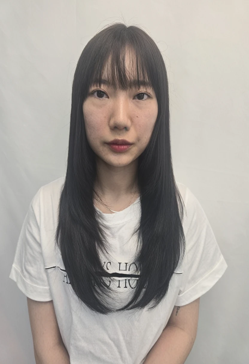 Best Quality, 8k, Masterpiece, (Portrait: 1.3), (photo realistic:1.4), (hyper realistic:1.4), Sharp Focus, looking at viewer, (smoother lighting:1.1), (increase cinematic lighting quality:0.9), realistic lighting, backlighting, light on face, ray trace, (brightening light:1.2), (Increase quality:1.4), sharp detail, (best quality real texture skin:1.4), finely detailed eyes, black_eyes, finely detailed face, 25 year old Korean woman, (white formal_shirt:1.4), (Create an image maintaining the original base model hairstyle:1.5),smiling_face