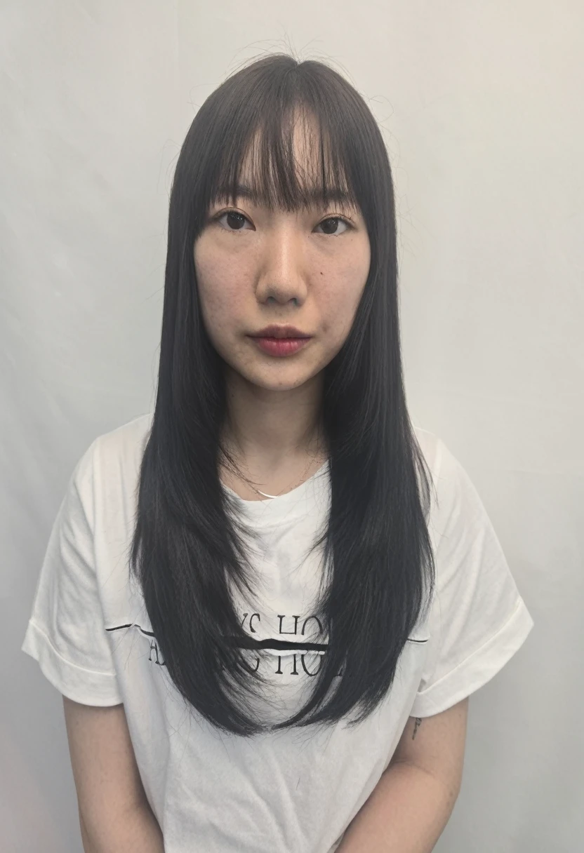 Best Quality, 8k, Masterpiece, (Portrait: 1.3), (photo realistic:1.4), (hyper realistic:1.4), Sharp Focus, looking at viewer, (smoother lighting:1.1), (increase cinematic lighting quality:0.9), realistic lighting, backlighting, light on face, ray trace, (brightening light:1.2), (Increase quality:1.4), sharp detail, (best quality real texture skin:1.4), finely detailed eyes, black_eyes, finely detailed face, 25 year old Korean woman, (white formal_shirt:1.4), (Create an image maintaining the original base model hairstyle:1.5),smiling_face