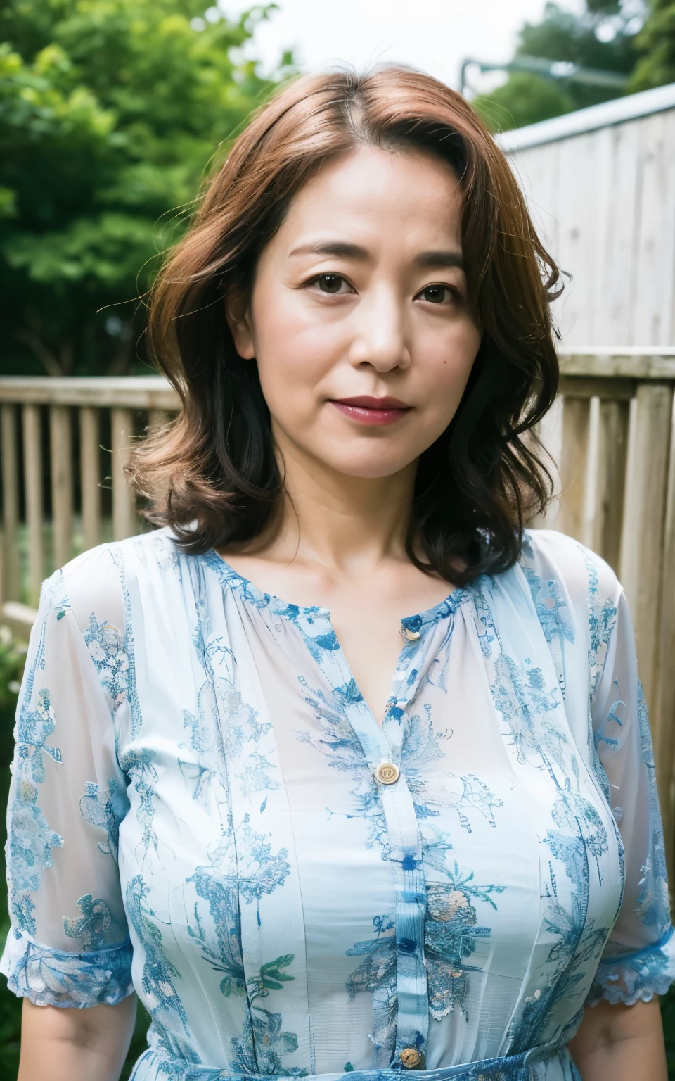 ((best quality, 8K, masterpiece: 1.3)), Reality, Clear focus, high quality, HD, Solitary, Japan, Middle-aged women, full-body shot，beauty, 43 years old, full, Large Breasts，curls, Wrinkles at the corners of the eyes:0.5, Narrow backyard background