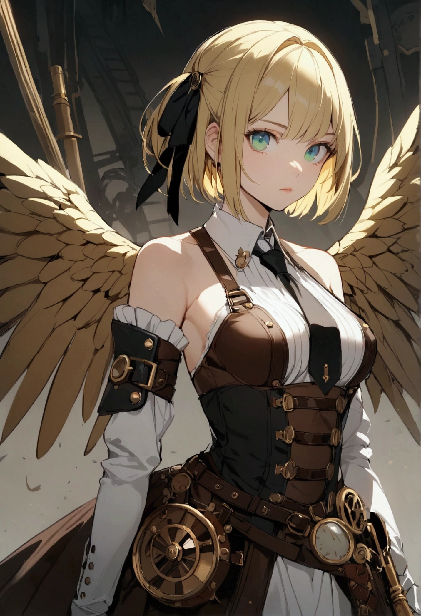 slender, mature female,rating:safe, steampunk,1girl, blonde_hair, green_eyes, solo, detached_collar, armor, gloves, bare_shoulders, ribbon, detached_sleeves, hair_ribbon, breasts, armored_dress, short_hair, closed_mouth, wings, looking_at_viewer, bangs, dress, white_gloves, necktie, medium_breasts, blue_eyes, faulds