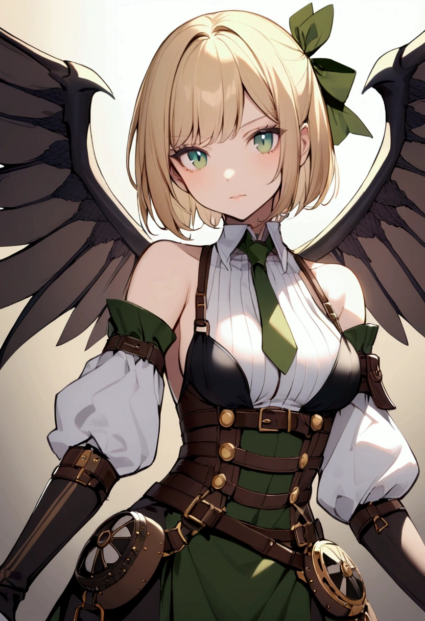 slender, mature female,rating:safe, steampunk,1girl, blonde_hair, green_eyes, solo, detached_collar, armor, gloves, bare_shoulders, ribbon, detached_sleeves, hair_ribbon, breasts, armored_dress, short_hair, closed_mouth, wings, looking_at_viewer, bangs, dress, white_gloves, necktie, medium_breasts, blue_eyes, faulds