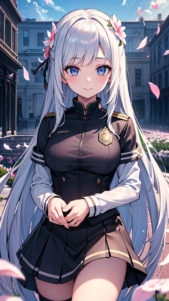 Masterpiece, Best Quality,, 1 girl, (showy),(beautiful finely detailed eyes and detailed face),cinematic lighting,bust shot,Extremely detailed CG unity 8k wallpaper,by white,Alone,SMILE,intricate skirt,((flying petal)),(flowery meadow), sky, cloudy_sky, building, officerlight, officer, evening, (Dark theme:1.3), light, Fancy,