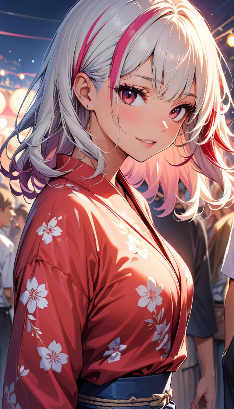 (highest quality:1.2, Very detailed, up to date, Vibrant, Ultra-high resolution, High Contrast, masterpiece:1.2, highest quality, Best aesthetics), Portraiture、girl、singer, solo, (25-years-old), Bright colors, Beautiful fine details、Beautiful lip detail、midium wave hair、red and white ((streaked hair:1.6)), highlights hair: 1.5, red eyes, slim body, meddium breast, (tan skin:1.1), (traditional yukata), pink yukata, summer festival, bon dance, (Floral Fineline tattoo design on left arm:1), (cowboy shot:1),