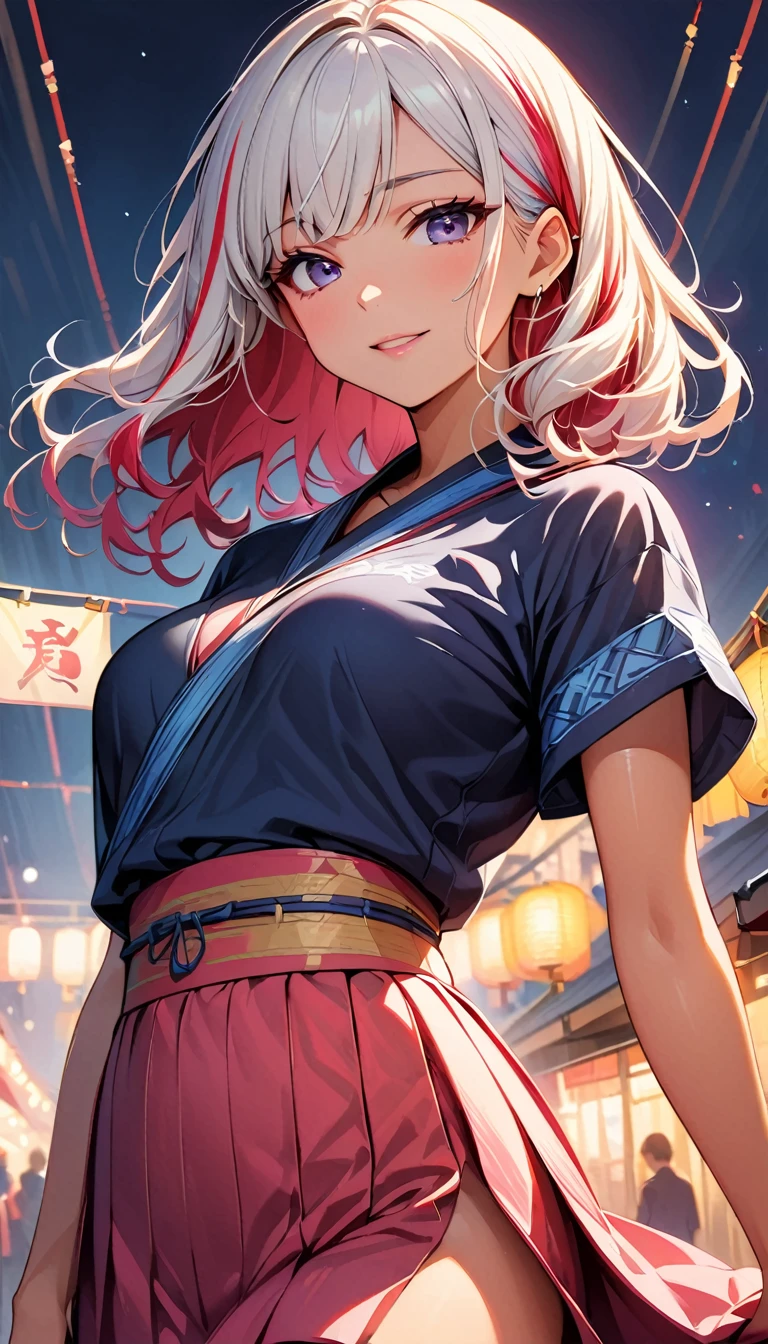 (highest quality:1.2, Very detailed, up to date, Vibrant, Ultra-high resolution, High Contrast, masterpiece:1.2, highest quality, Best aesthetics), Portraiture、girl、singer, solo, (25-years-old), Bright colors, Beautiful fine details、Beautiful lip detail、midium wave hair、red and white ((streaked hair:1.6)), highlights hair: 1.5, red eyes, slim body, meddium breast, (tan skin:1.1), (traditional yukata), pink yukata, summer festival, bon dance, (Floral Fineline tattoo design on left arm:1), (cowboy shot:1),