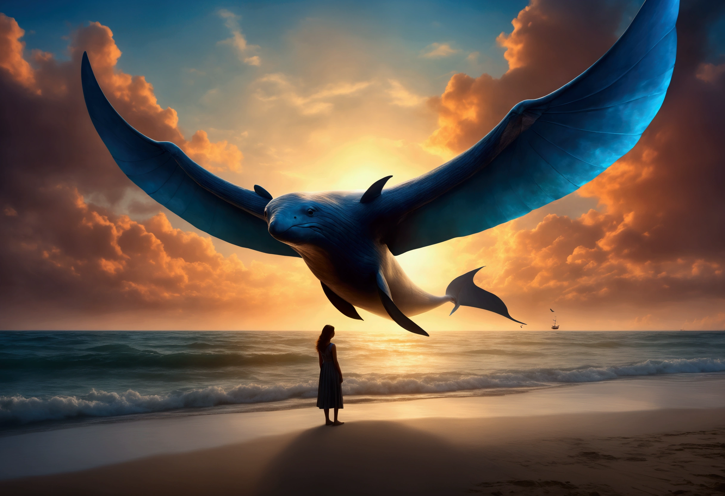 A sky whale, enormous wings, a woman lying on the beach watching its majestic flight, dreamy skies, (best quality,8k,highres,masterpiece:1.2),ultra-detailed,(realistic,photorealistic,photo-realistic:1.37),HDR,UHD,studio lighting,ultra-fine painting,sharp focus,physically-based rendering,extreme detail description,professional,vivid colors,bokeh,fantasy,surreal,cinematic,dramatic lighting,glowing,volumetric lighting,atmospheric,moody,cinematic composition,dramatic perspective
