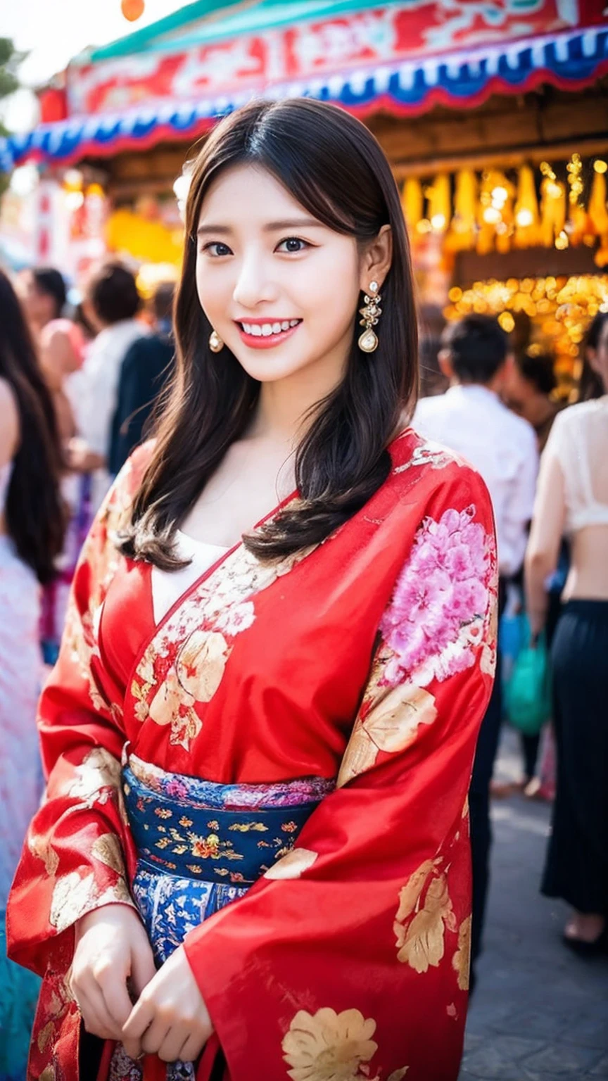 “A beautiful woman with a large chest wearing a traditional festival happi , smiling and enjoying the festival atmosphere. She has long, flowing hair and is standing against a backdrop of colorful festival decorations and lanterns. The scene is lively and vibrant, capturing the essence of a traditional Japanese festival.”
