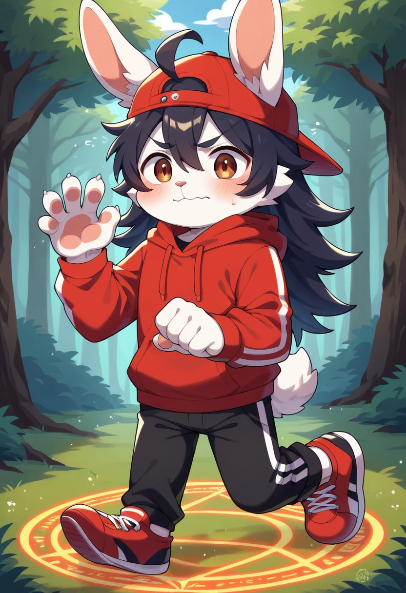 masterpiece, best quality, expressive eyes, perfect face, a man get transformed into a furry bunny, furry bunny, white fur, bunny tail, bunny ears, solo, surpriced, blushed, black hair, long hair, red baseball cap, black shirt, red hoodie, black sports pants, red sport shoes, brown eyes, full body, in a magic forest, glitter, embarrassed pose, magic circle on the floor. chibi