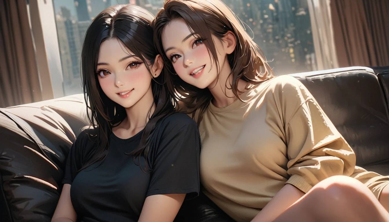 masterpiece , Modern, Realism, masterpiece, Super Detail, best quality, 4K , A couple sitting on the sofa and smiling happily,Sit side by side,The man is 25 years old,She has short black hair.,The woman is 23 years old,Has long brown hair.