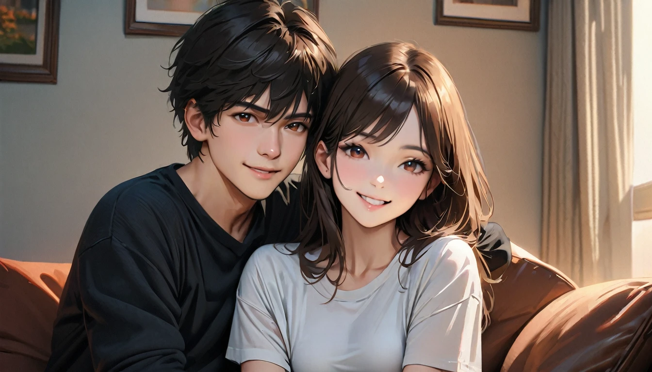 masterpiece , Modern, Realism, masterpiece, Super Detail, best quality, 4K , A couple sitting on the sofa and smiling happily,Sit side by side,The man is 25 years old，She has short black hair.,The woman is 23 years old，Has long brown hair.