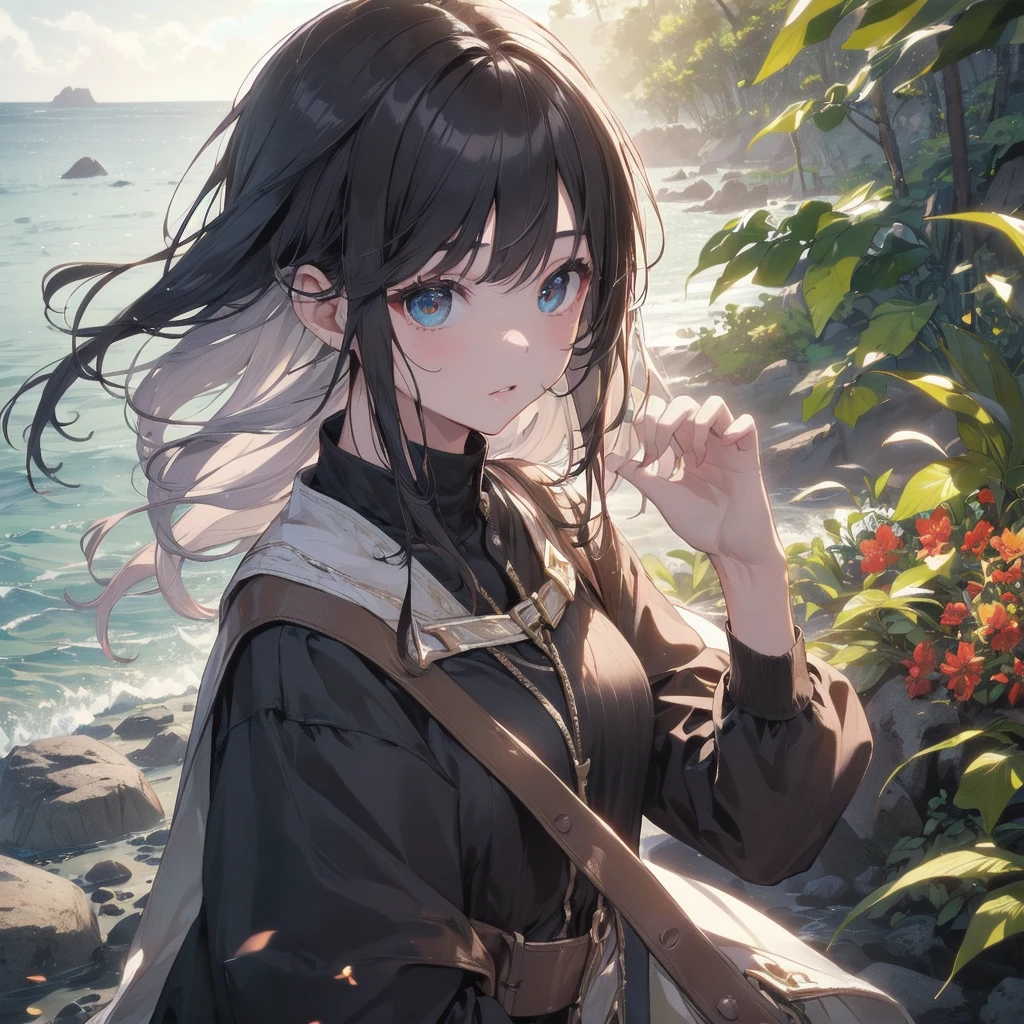 (Highest quality、masterpiece、High resolution、8k)、Vibrant colors、1 female、Long black hair、whole body、barefoot、thin、(Detailed face、Beautiful Eyes、Beautiful Nose、Pretty lips)、A woman in a white dress jumps high、Official Art、The background is the sea、blue sky、Wide sandy beach、Wide forest、