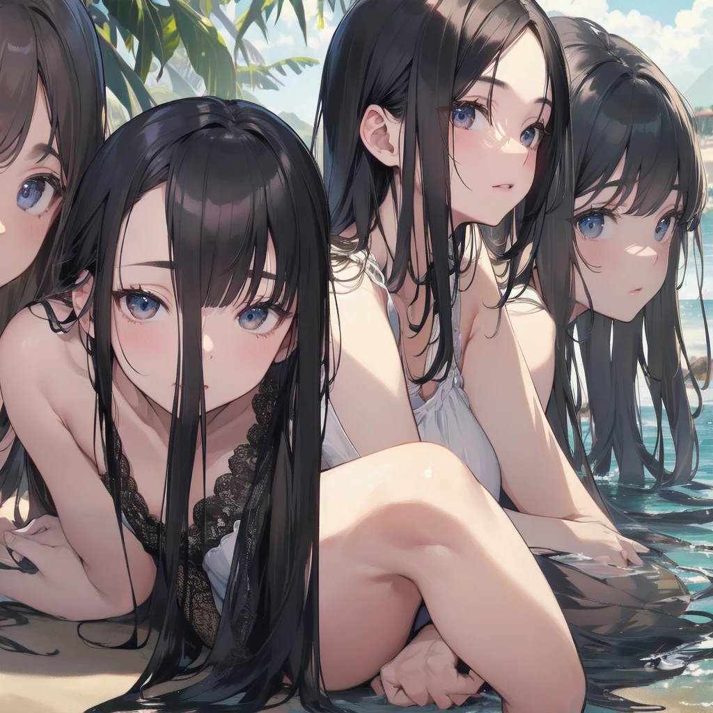 NSFW ４ｋqulity, top-quality, Ultra-small_Breast,）at the beach, , sexy pose, Bewitching, flat chest, half striped, loli, d, chiittle sister, nudach, kids playing, small breasts, cute feet, tan, many people