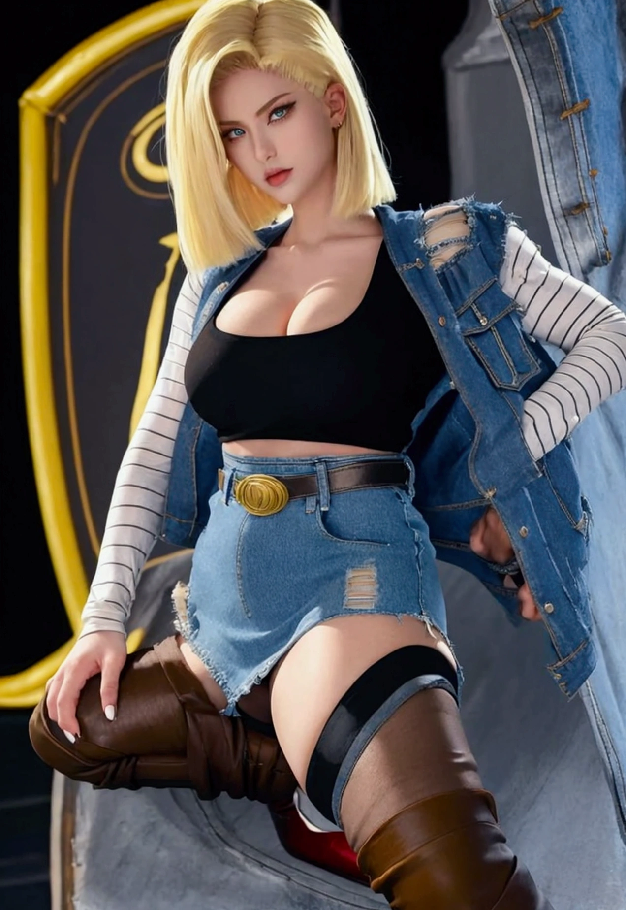 superandroid18, black shirt with striped sleeves, denim jacket, denim shorts, denim skirt, black stockings, brown boots, mid riff, white gloves, long blonde hair, ,ruanyi0788,garter belt,garter straps,lingerie,latex,underboob,black bra,thigh strap, bandeau, harem outfit,detached sleeves, bridal gauntlets, red footwear,