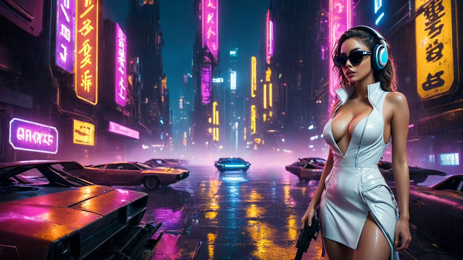 (aerial view, a flying cars docking platform, a very dark abandoned futuristic city, neon lights), rainy night. (((1girl, solo, alone))), large-breast:1.2 slim body, cleavage:1.1, sexy wind blowing wet dress:1.4, (((headphone, black sunglasses, standing and holding pistol:1.8, dynamic rushing pose))), (((((half-body thigh level medium shot))))), cinematic lighting, lens flare, ray tracing.