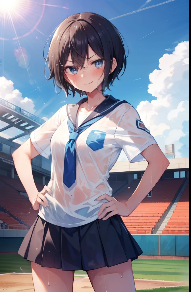 high school,Baseball Ground,sunny,Girl 1,boyish,short hair,Black Hair,blue eyes,smile,Serious face,blush,Sweaty,Wet,Summer uniform,Miniskirt,White Shirt,Cowboy Shot,Place hands on hips,sun,cloud,