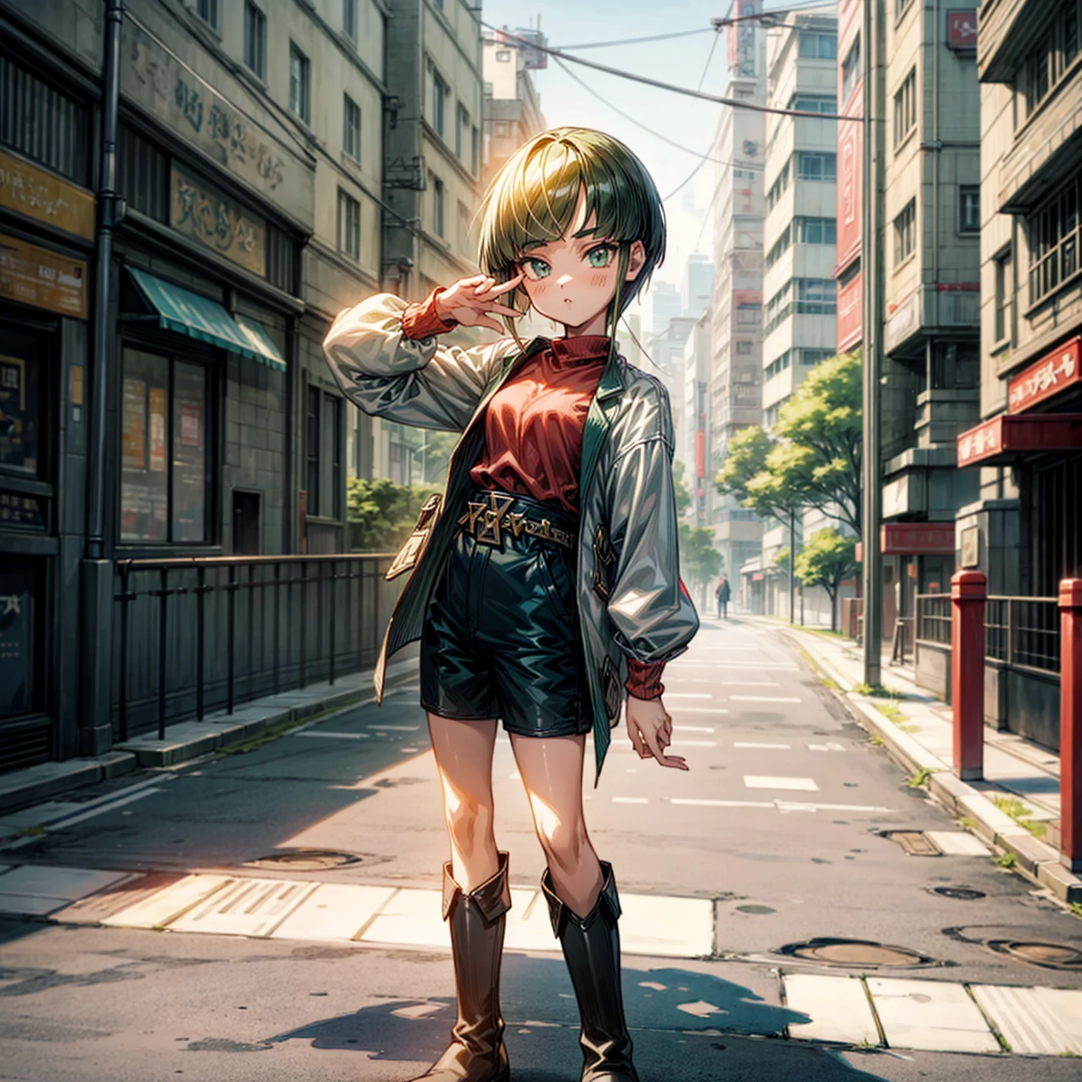 1children girl, Full body version, 1character, green eyes, short haircut, green color hair, casual style clothing, red colour clothing, boots, Grassroots, background in city street, motion blur, (detective conan style art), standing gesture, cute face