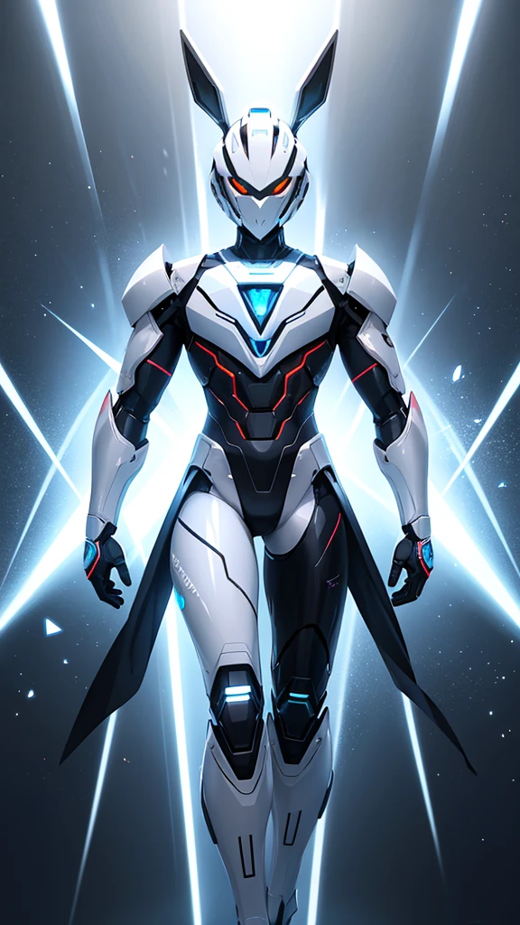 Draw the male humanoid robot rabbit with white armor under strobe lights in the club. The rapidly changing lights create a dynamic and captivating effect on his armor, reflecting the vibrant surroundings.