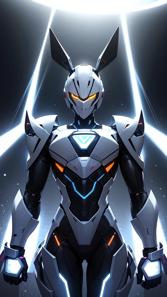 Draw the male humanoid robot rabbit with white armor under strobe lights in the club. The rapidly changing lights create a dynamic and captivating effect on his armor, reflecting the vibrant surroundings.