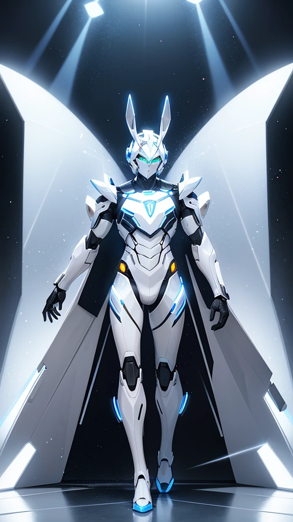 Draw the male humanoid robot rabbit with white armor under strobe lights in the club. The rapidly changing lights create a dynamic and captivating effect on his armor, reflecting the vibrant surroundings.