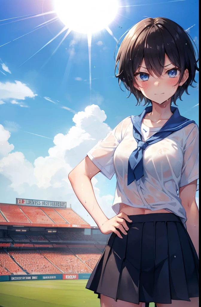 high school,Baseball Ground,sunny,Girl 1,boyish,short hair,Black Hair,blue eyes,smile,Serious face,blush,Sweaty,Wet,Summer uniform,Miniskirt,White Shirt,Cowboy Shot,Place hands on hips,sun,cloud,