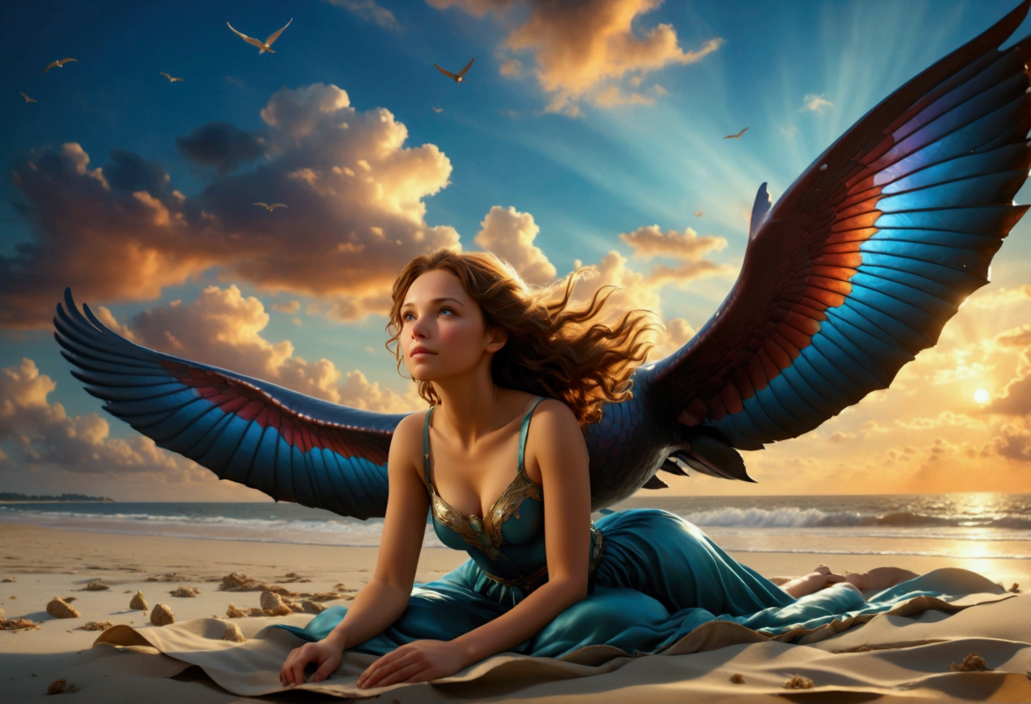 A sky whale, enormous wings, a woman lying on the beach watching its majestic flight, dreamy skies, (best quality,8k,highres,masterpiece:1.2),ultra-detailed,(realistic,photorealistic,photo-realistic:1.37),HDR,UHD,studio lighting,ultra-fine painting,sharp focus,physically-based rendering,extreme detail description,professional,vivid colors,bokeh,fantasy,surreal,cinematic,dramatic lighting,glowing,volumetric lighting,atmospheric,moody,cinematic composition,dramatic perspective