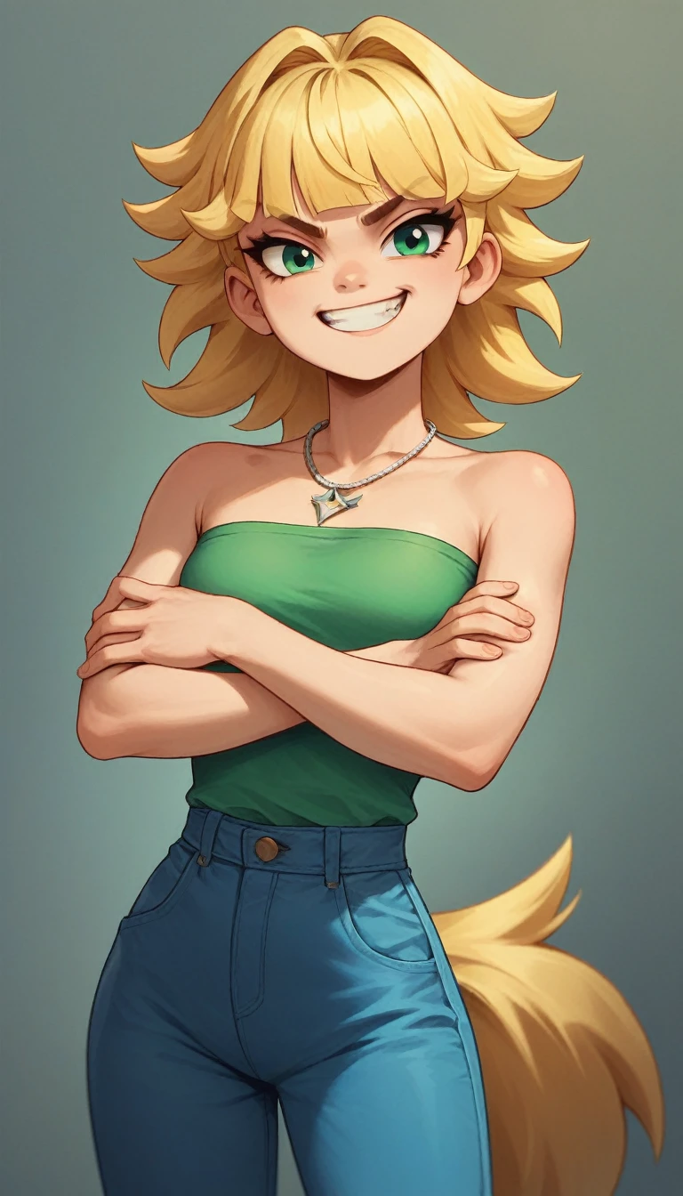 blonde girl, green top-tank, bare shoulders, blue pants, spiky bangs, spiky ponnytail, grin, crossed arms, necklace, bangs, green eyes, 3d