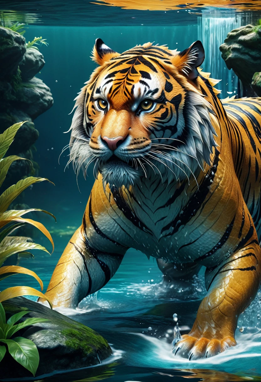 There is a creature in the water，A combination of tiger and dragon(best quality，4K，8k，High level，masterpiece：1.2），Ultra Detailed，（lifelike，Photo real，Photo real：1.37），Highly detailed animals，Complex patterns，Realistic lighting，Fantasy Creatures