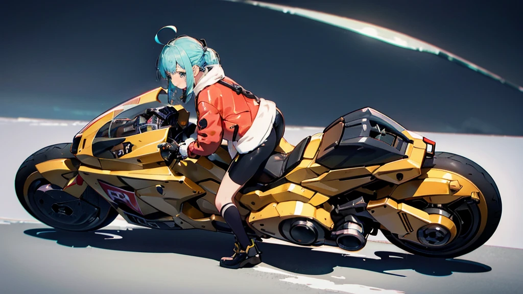 Wearing a souvenir jacket、woman、Eating an apple、Night Port、Embarrassed expression、Motorcycles of the future、masutepiece、The color of the bike is yellow、 light blue hair, ear blush, full blush, 顔をはっきりと描いて, 海の見える港, anime, cinematic lighting, UHD, highres, best quality, 8k