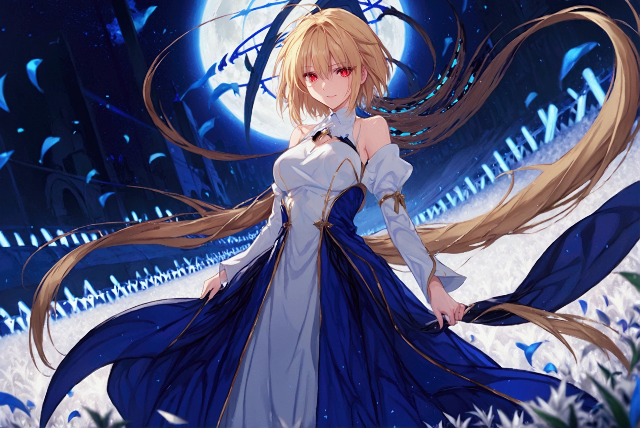 1girl, arcueid brunestud, red eyes, blonde hair, solo, breasts, evil smile, arcueid, blood