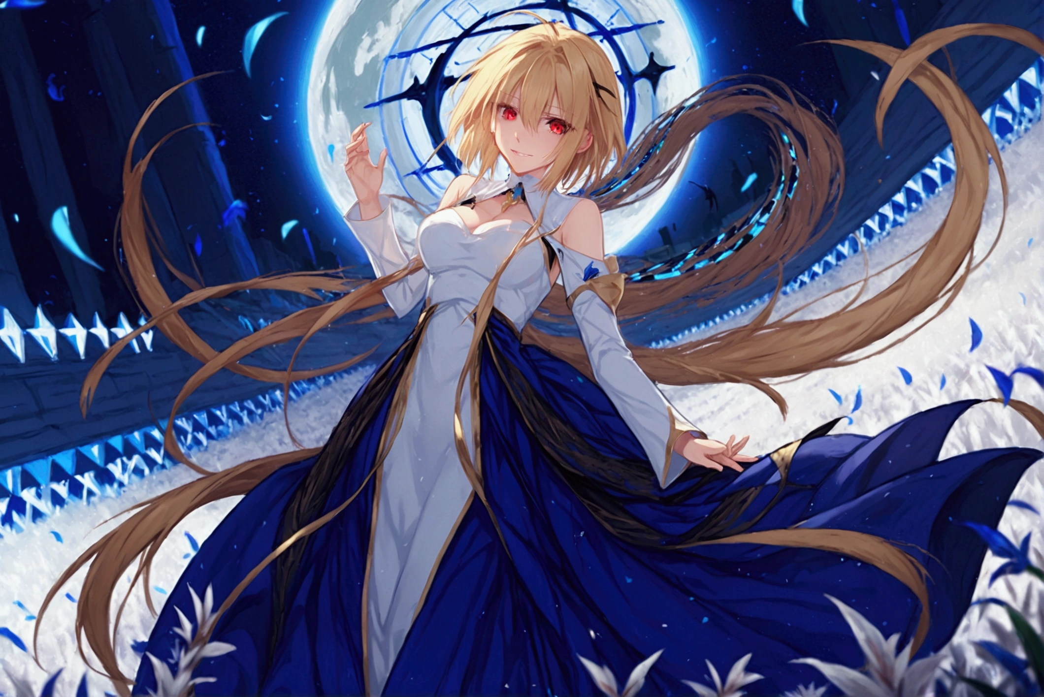 1girl, arcueid brunestud, red eyes, blonde hair, solo, breasts, evil smile, arcueid, blood