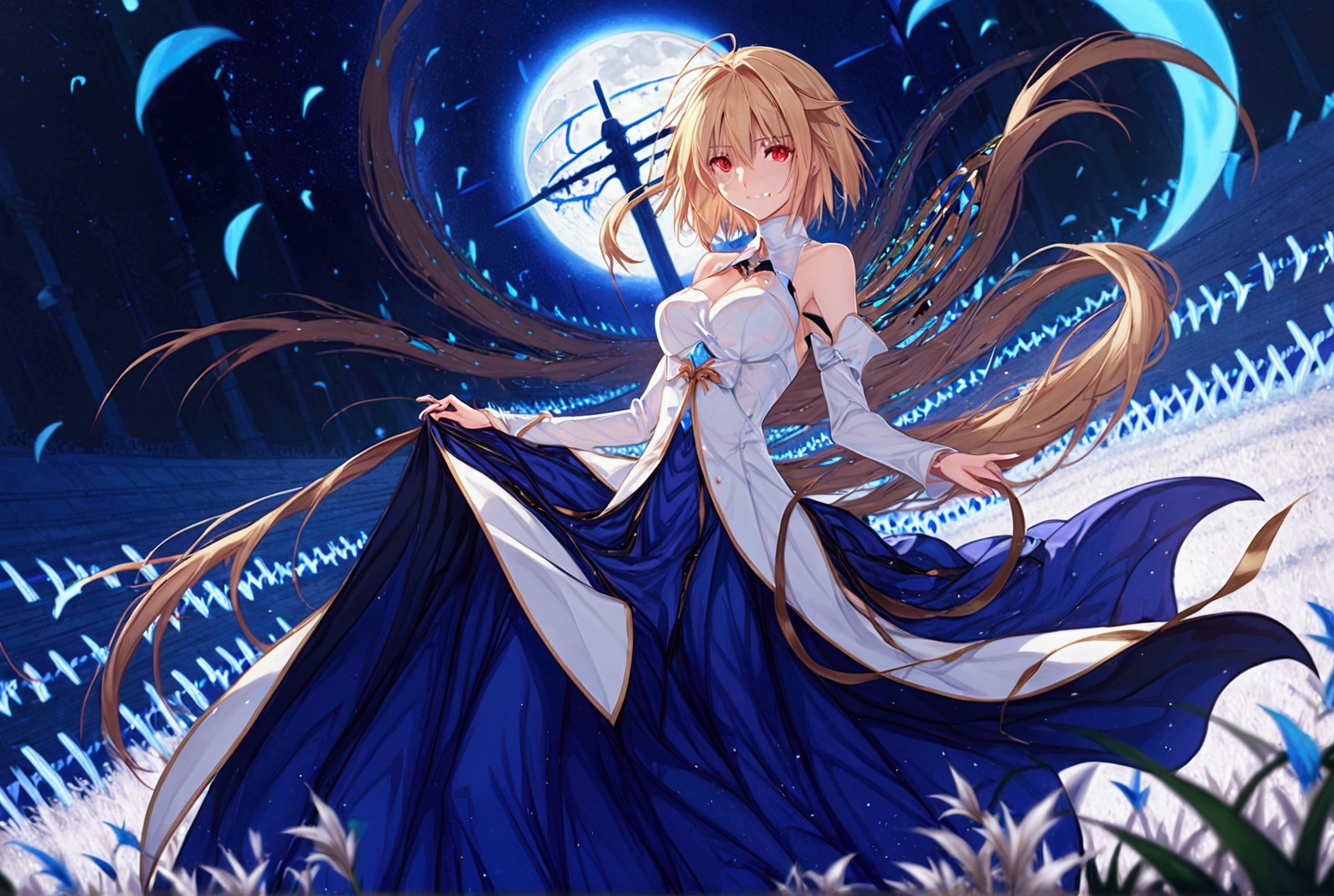 1girl, arcueid brunestud, red eyes, blonde hair, solo, breasts, evil smile, arcueid, blood