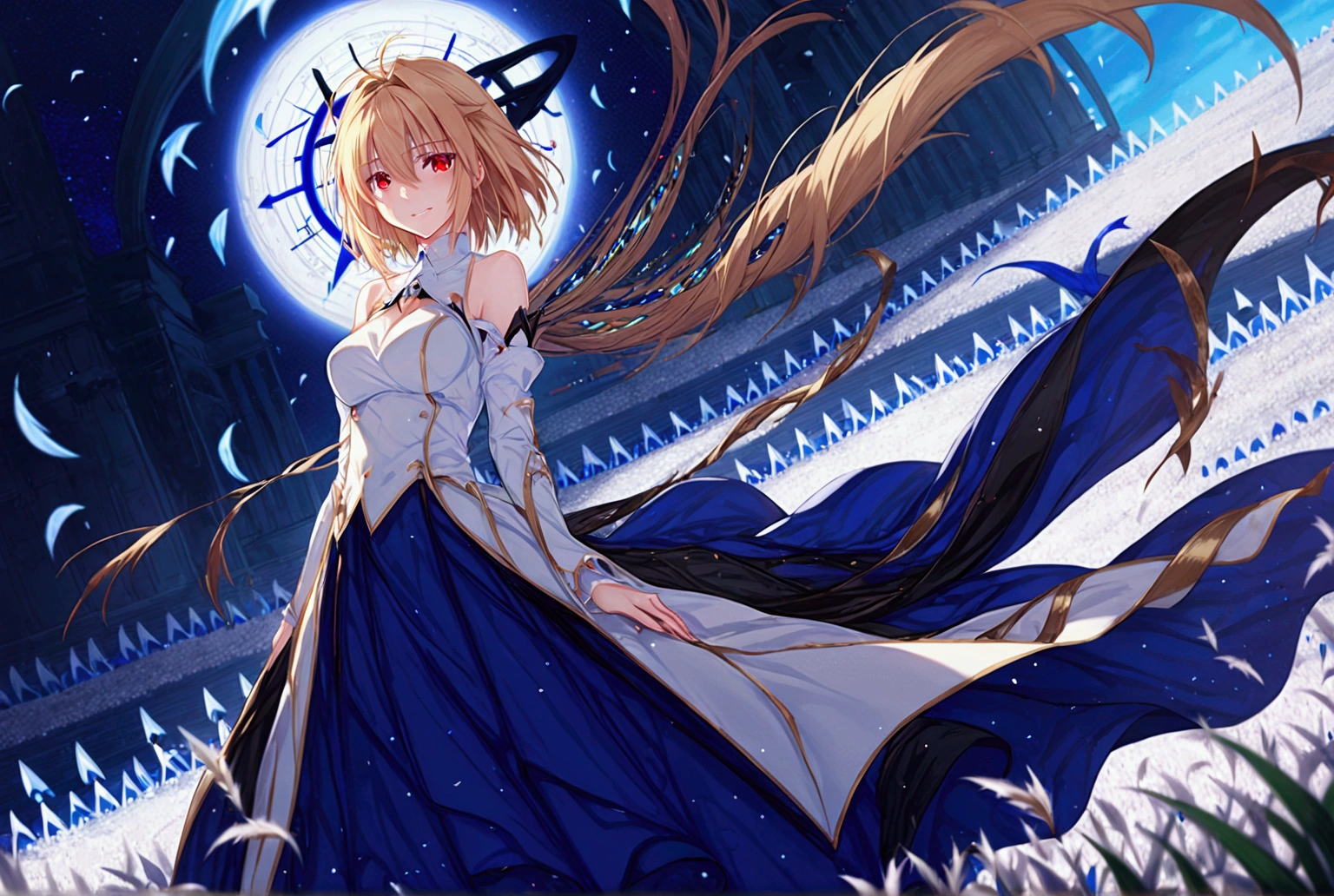 1girl, arcueid brunestud, red eyes, blonde hair, solo, breasts, evil smile, arcueid, blood