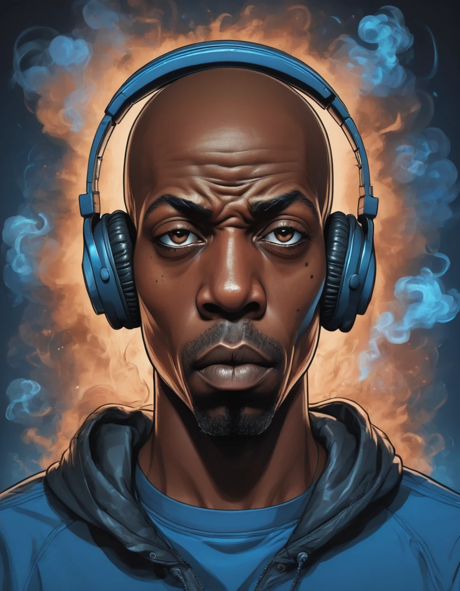 breathtaking vector cartoon illustration of shawt a black man ,wearing headphones, in a room full of smoke ,Anastomosing, Electric Blue, galactic, Ivan Albright, Sick, mean expression, twinkling eyes, and a bald head 