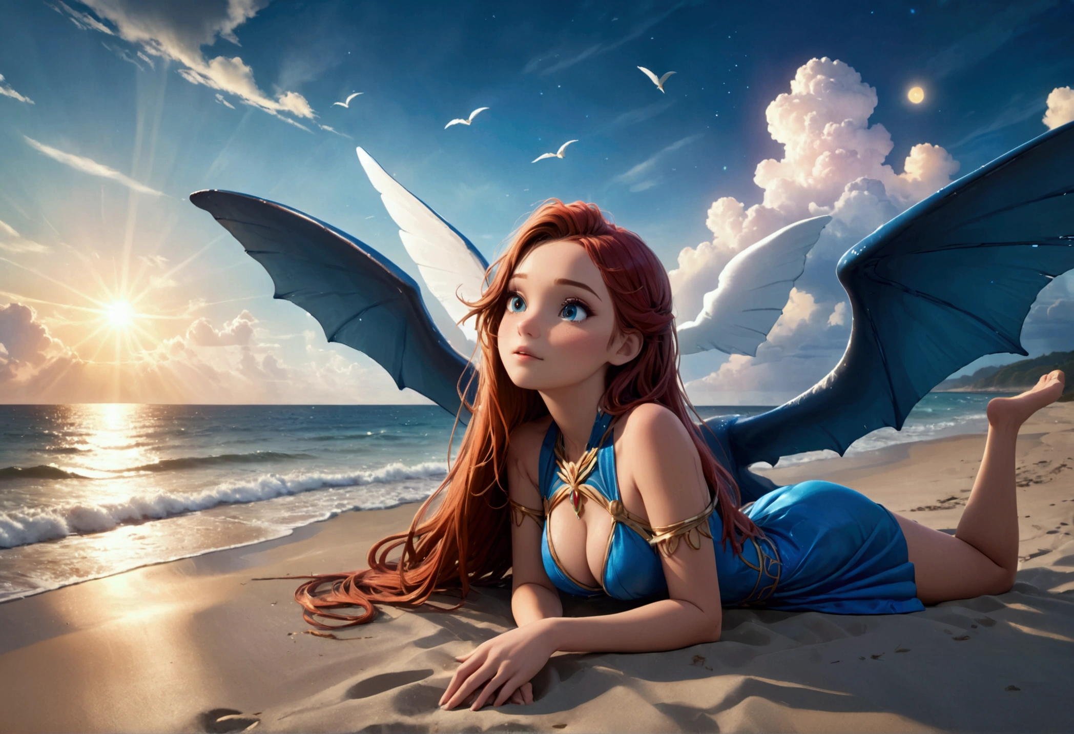A sky whale, enormous wings, a woman lying on the beach watching its majestic flight, dreamy skies, (best quality,8k,highres,masterpiece:1.2),ultra-detailed,(realistic,photorealistic,photo-realistic:1.37),HDR,UHD,studio lighting,ultra-fine painting,sharp focus,physically-based rendering,extreme detail description,professional,vivid colors,bokeh,fantasy,surreal,cinematic,dramatic lighting,glowing,volumetric lighting,atmospheric,moody,cinematic composition,dramatic perspective