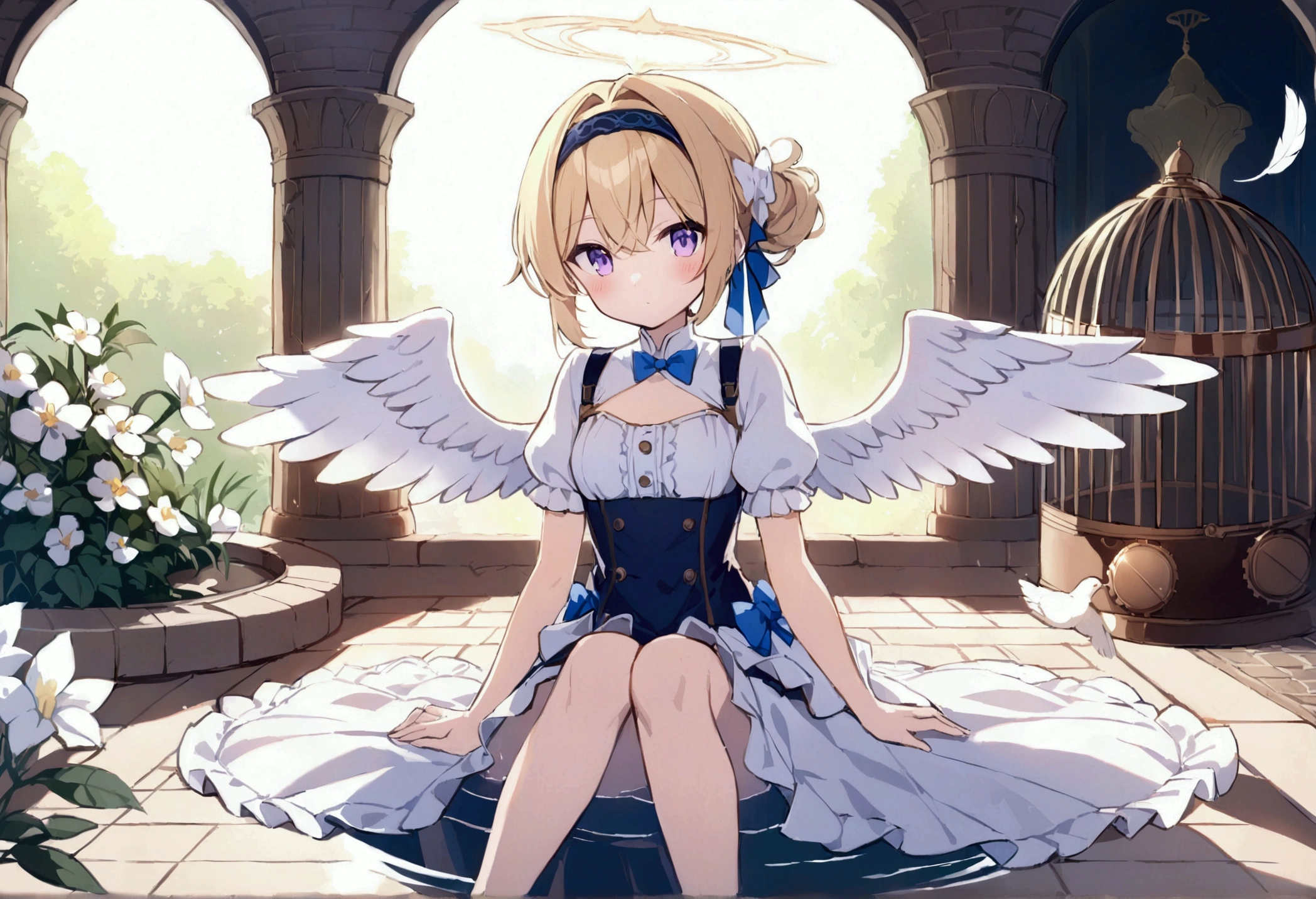 Top quality RAW photos in 32k resolution taken with Canon EOS R3, (frombelow:1.15),(masterpiece、top-quality)、Crotch girl in gothic ta dress, Being inside the building, European style architecture, pink underpants,Short-haired blonde,Angel wings,A smile, Kamimei,Refreshing,,Show off your underwear,Beautiful anime girl showing pants, Anime girls show off their pants,Spread your crotch, thighs thighs thighs thighs!!!, Beautiful fece,white cheeks,, thighs thighs thighs thighs!!!!!!, thigh closeup, Bare thighs!!!,
