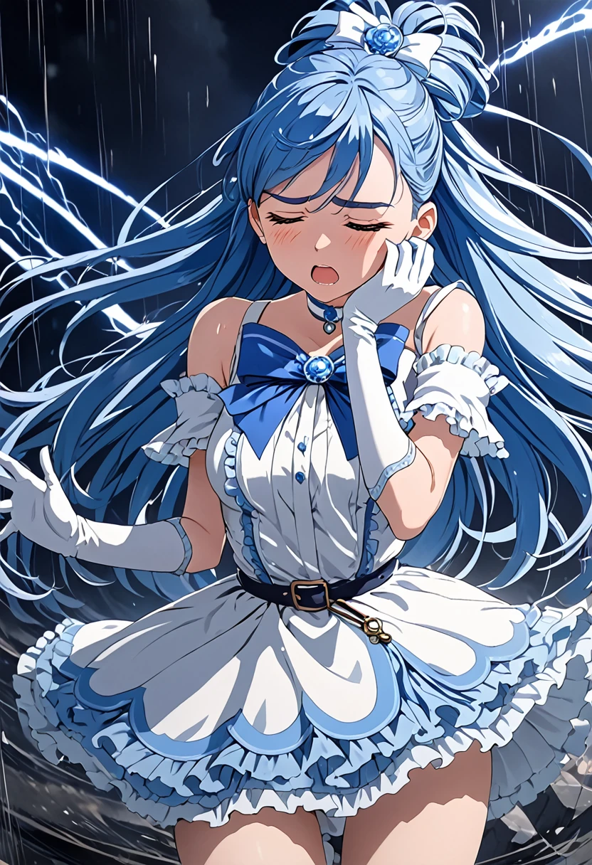 Cure White, mini skirt, white choker, thigh straps, elbow gloves, detailed hair and outfit, long flowing blue hair, white and blue frilly dress, white gloves and boots, blushing, feeling pain, suffering from arm being bitten by enemy, dynamic and intense scene, background with sound waves, eyes closed, masterpiece, best quality, highly detailed background, perfect lighting, (beautiful, best quality: 1.1), masterpiece, perfect eyes, (beautiful), (erotic: 1.2)