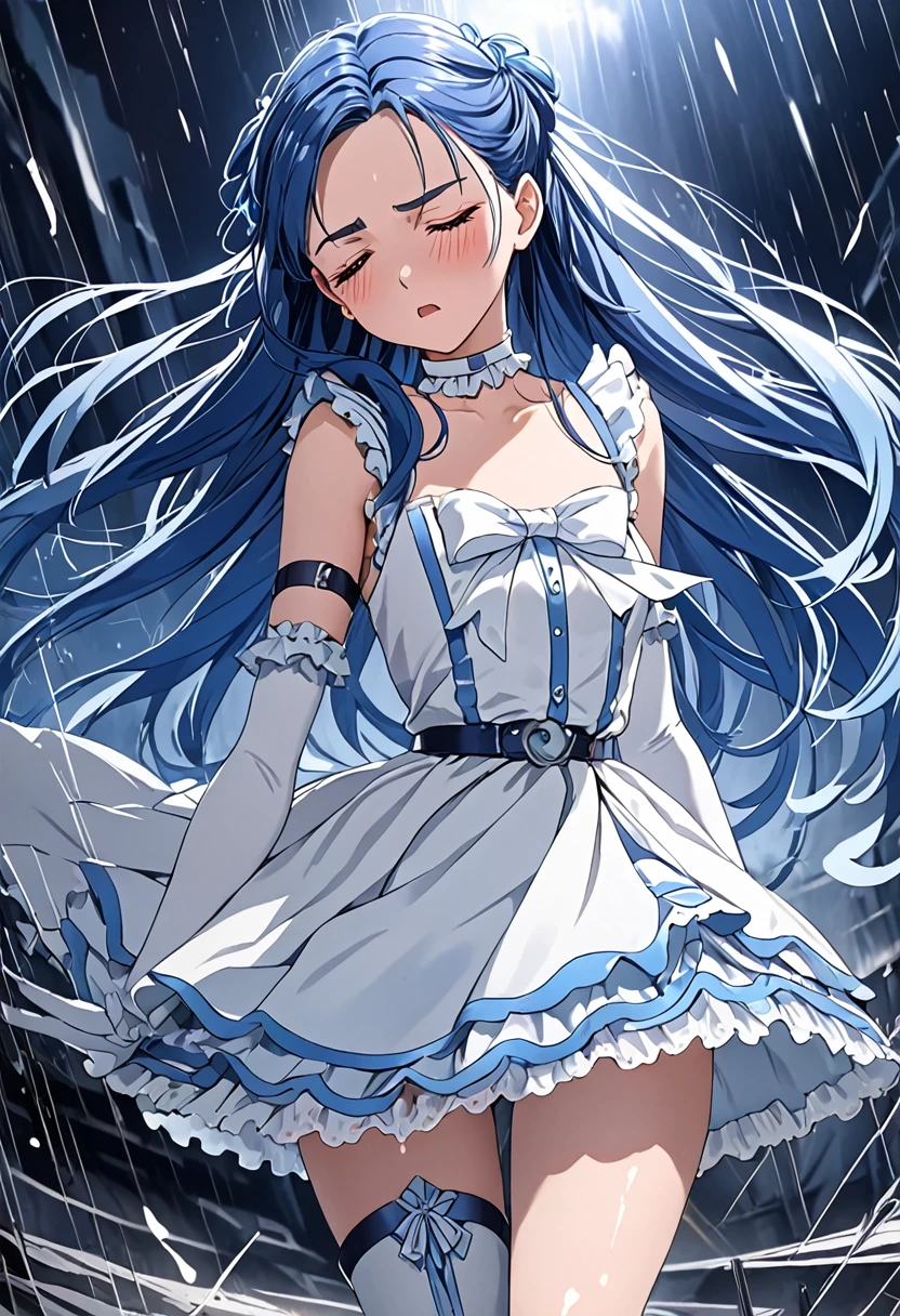 Cure White, mini skirt, white choker, thigh straps, elbow gloves, detailed hair and outfit, long flowing blue hair, white and blue frilly dress, white gloves and boots, blushing, feeling pain, suffering from arm being bitten by enemy, dynamic and intense scene, background with sound waves, eyes closed, masterpiece, best quality, highly detailed background, perfect lighting, (beautiful, best quality: 1.1), masterpiece, perfect eyes, (beautiful), (erotic: 1.2)