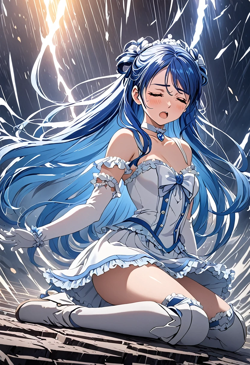 Cure White, mini skirt, white choker, thigh straps, elbow gloves, detailed hair and outfit, long flowing blue hair, white and blue frilly dress, white gloves and boots, blushing, feeling pain, suffering from arm being bitten by enemy, dynamic and intense scene, background with sound waves, eyes closed, masterpiece, best quality, highly detailed background, perfect lighting, (beautiful, best quality: 1.1), masterpiece, perfect eyes, (beautiful), (erotic: 1.2)