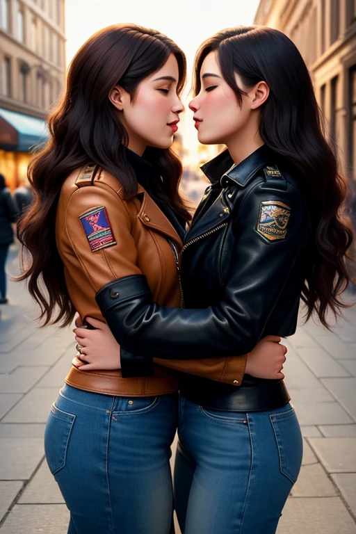 (masterpiece, top quality), lesbian love Incredibly beautiful young couple kisses passionately face to face on the street.. This illustration boasts a shining, loose hair,, accented with a leather pilot's hat, decorated with intricate decor.. Her outfit shows off a leather jacket.. Her punk pants and combat boots complete the ensemble... She poses dynamically and seductively., her charming facial expression, captured directly on camera, radiating an aura of confidence and defiance. Фон этого masterpieceа просто захватывает дух., with