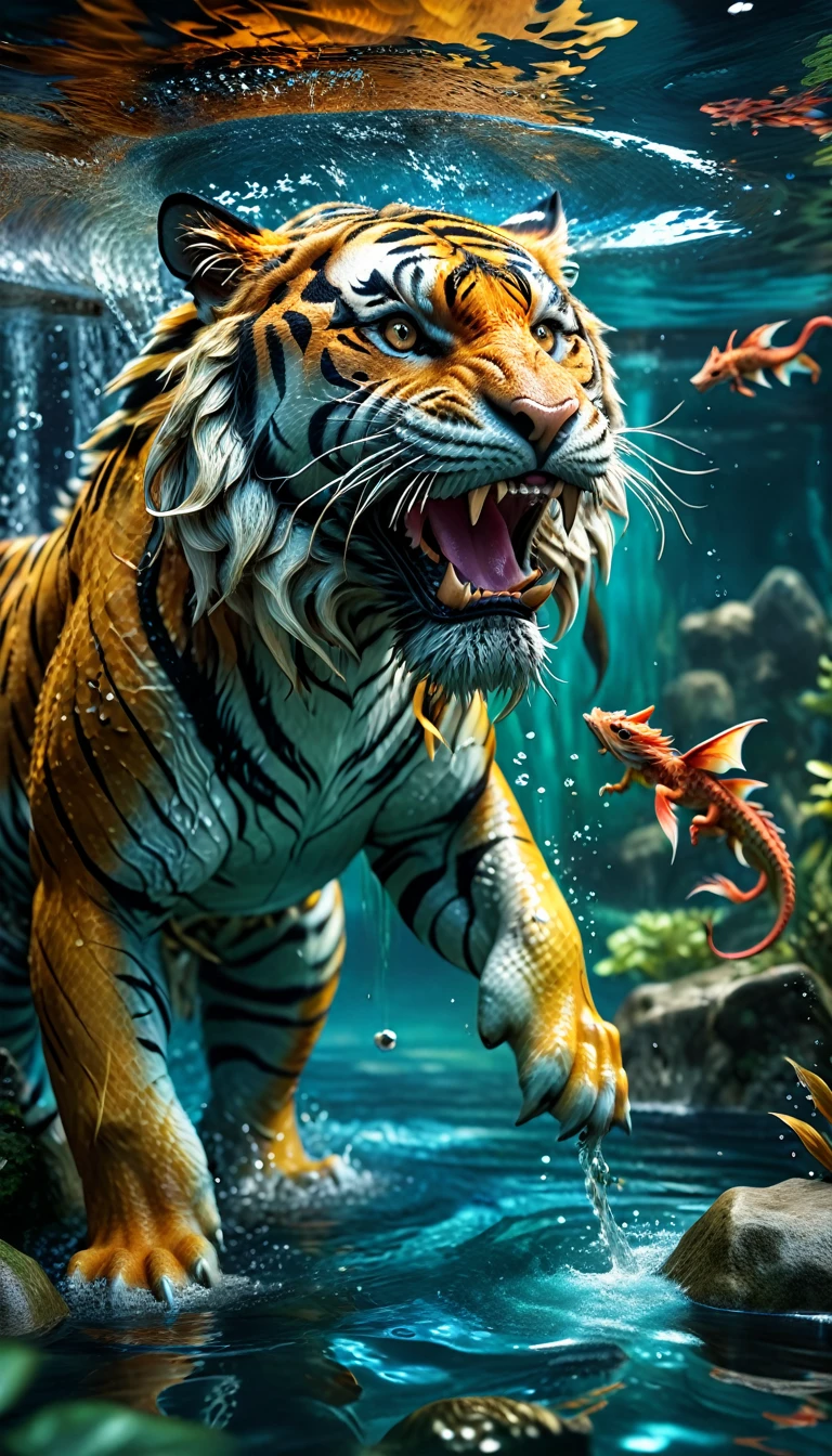There is a creature in the water,A combination of tiger and dragon(best quality,4K,8k,High level,masterpiece:1.2),Ultra Detailed,(lifelike,Photo real,Photo real:1.37),Highly detailed animals,Complex patterns,Realistic lighting,Fantasy Creatures