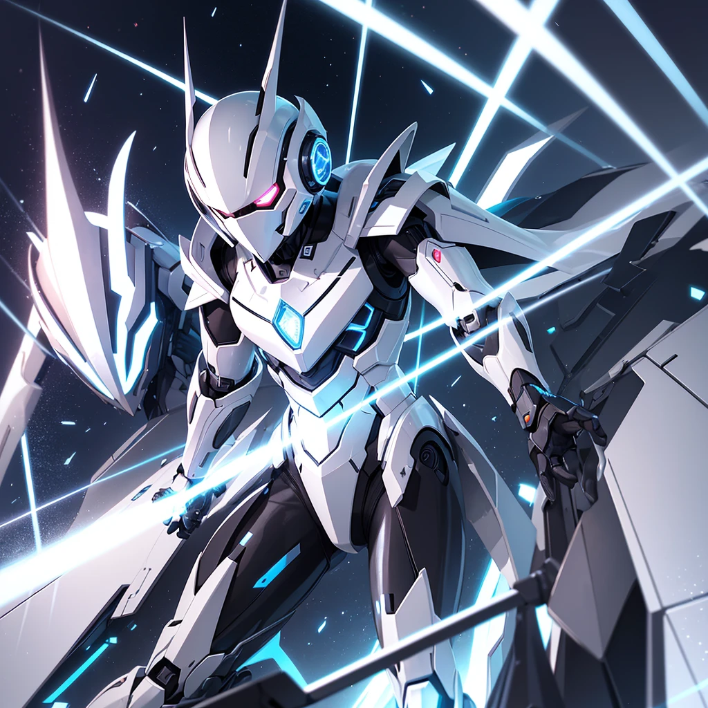 Draw the male humanoid robot rabbit with white armor under strobe lights in the club. The rapidly changing lights create a dynamic and captivating effect on his armor, reflecting the vibrant surroundings.