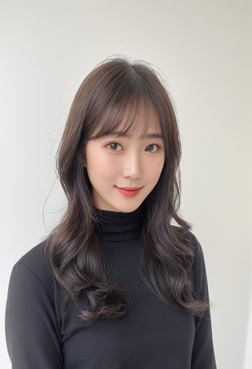 Best Quality, 8k, Masterpiece, (Portrait: 1.3), (photo realistic:1.4), (hyper realistic:1.4), Sharp Focus, looking at viewer, (smoother lighting:1.1), (increase cinematic lighting quality:0.9), realistic lighting, backlighting, light on face, ray trace, (brightening light:1.2), (Increase quality:1.4), sharp detail, (best quality real texture skin:1.4), finely detailed eyes, black_eyes, finely detailed face, 25 year old Korean woman, (white formal_shirt:1.4), (Create an image maintaining the original base model hairstyle:1.5),smiling_face
