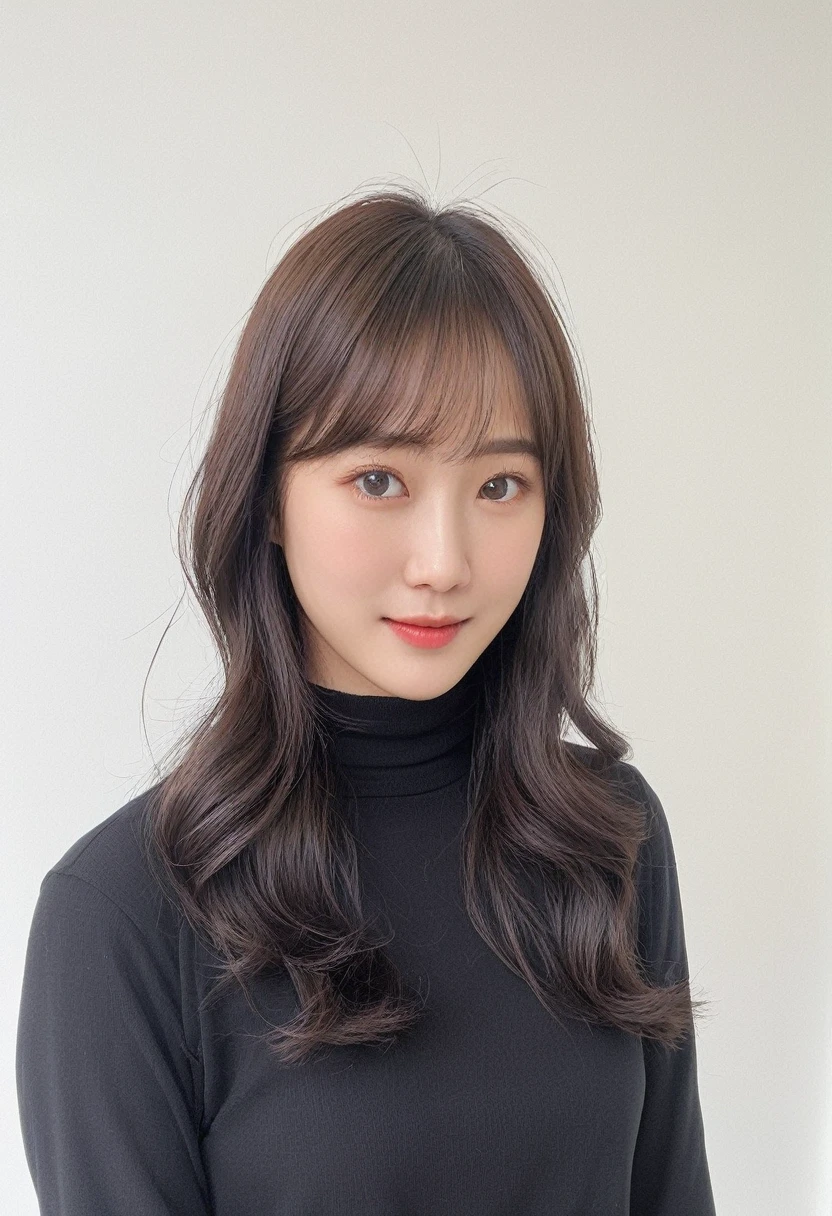 Best Quality, 8k, Masterpiece, (Portrait: 1.3), (photo realistic:1.4), (hyper realistic:1.4), Sharp Focus, looking at viewer, (smoother lighting:1.1), (increase cinematic lighting quality:0.9), realistic lighting, backlighting, light on face, ray trace, (brightening light:1.2), (Increase quality:1.4), sharp detail, (best quality real texture skin:1.4), finely detailed eyes, black_eyes, finely detailed face, 25 year old Korean woman, (white formal_shirt:1.4), (Create an image maintaining the original base model hairstyle:1.5),smiling_face