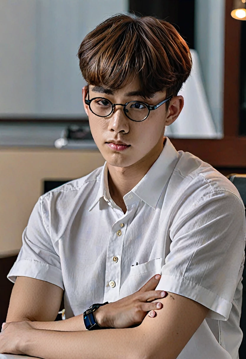A handsome young man with a striking resemblance to a popular K-pop idol sits pensively, his gaze fixed upon us. He wears a crisp white shirt, complete with a collar and short sleeves, and a pair of stylish glasses. His short brown hair is neatly styled.